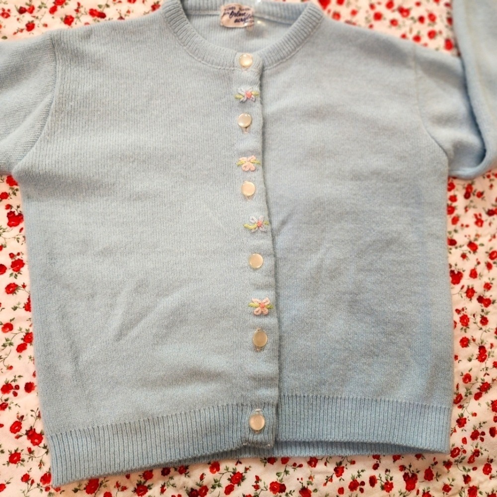 Vintage Orlon Acrylic Cardigan Sweater Baby Blue Floral Embroidered Girls XS